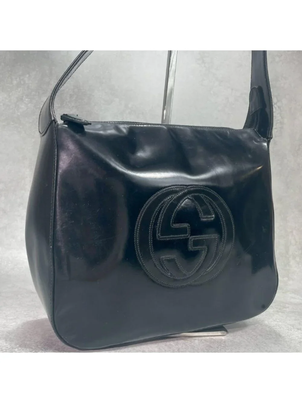 Gucci GG Shoulder Bag Patent Leather Black Logo